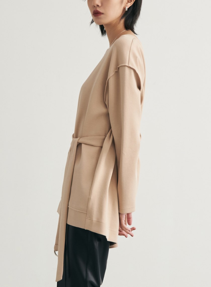 不規則剪裁腰帶長版衛衣